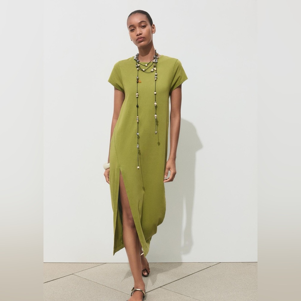 Zara Green Short-Sleeve Midi Dress with Side Slit